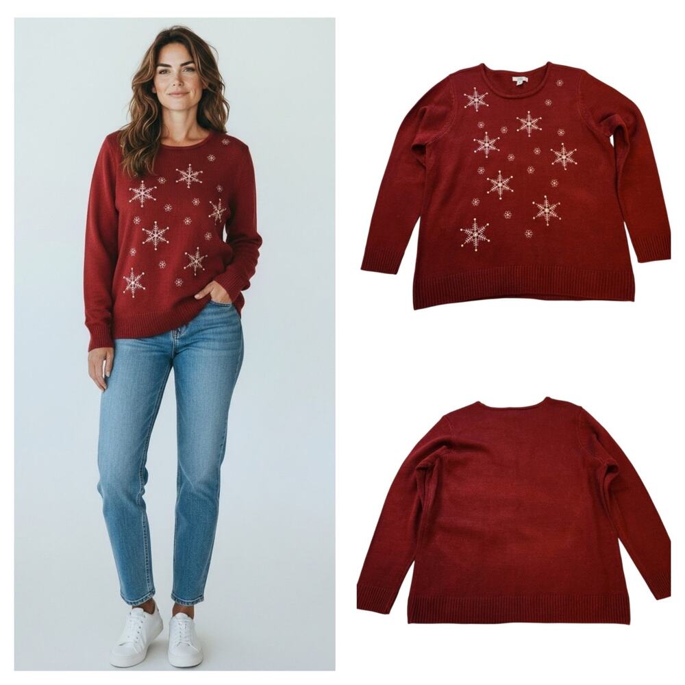 Croft & Barrow Womens Pullover Sweater Size XL Red Embroidered Snowflakes